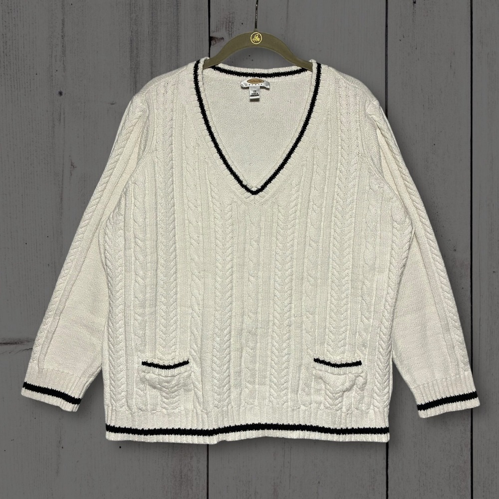 VTG Talbots Cable Knit V-Neck Sweater Cotton‎ Blend Pullover Women's 2X White